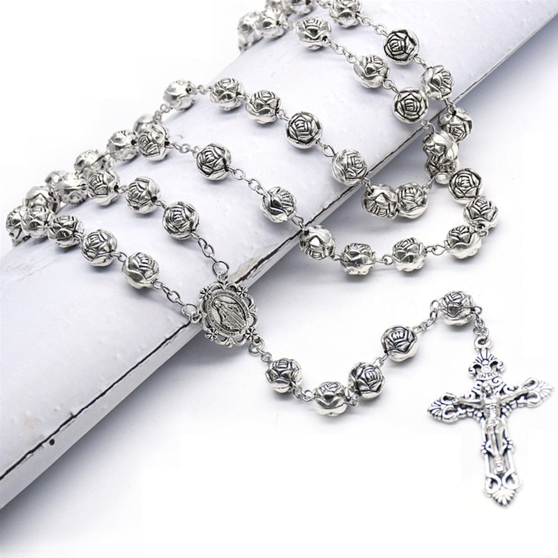 Vintage Cross Women Rosary Necklace Accessories Rose Flower Religious Necklace For Wedding Ladies