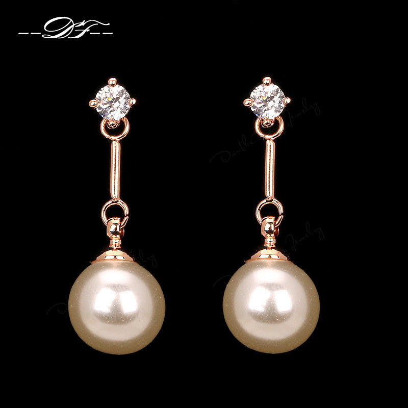 Vintage Crystal Rose Gold Color Stud Earrings Fashion Brand Simulated Pearl Beads Party Jewelry For Women DFE439