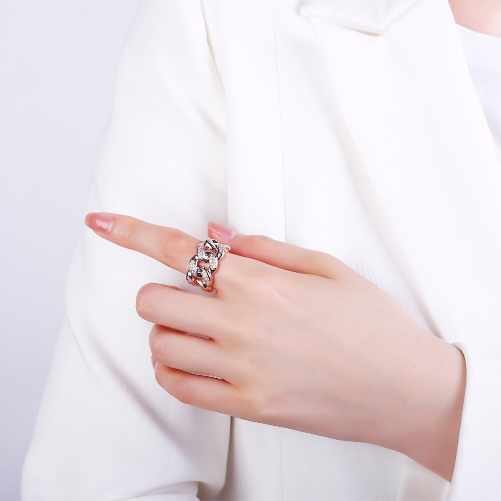 Vintage Cubic Zirconia Chunky Chain Rings Gold Silvery Link Twisted Geometric Rings For Women Punk Jewelry Party Gift 2022 New