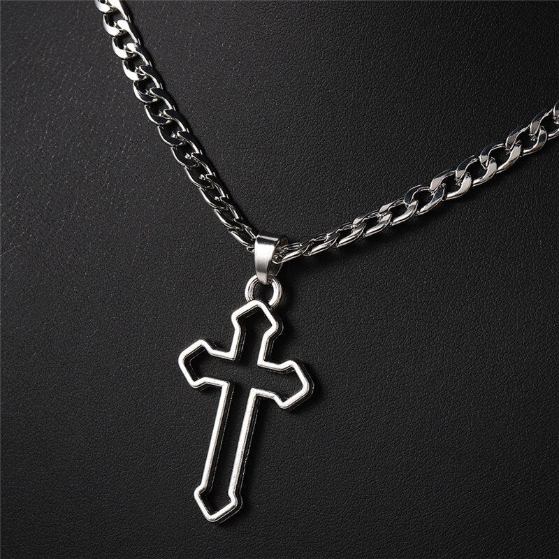 Vintage Dark Gothic Hollow Cross Pendant Chain Necklace For Kpop Cool Harajuku Street Egirl Men Women Punk Halloween Jewelry N01