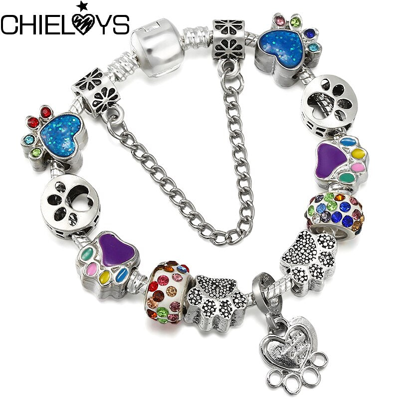 Vintage Dog Paw Beads Charm Bracelet With  DIY Brand Bracelets Jewelry Gift For Women Kids Boy Girls Friends
