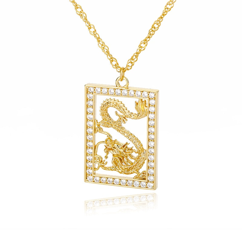 Vintage Dragon Pendant Necklaces for Women Men Stainless Steel Gold Choker Cubic Zirconia Necklace Mascot Ornaments Jewelry Gift