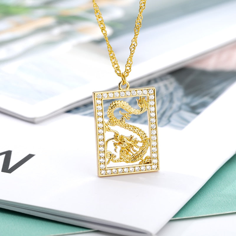 Vintage Dragon Pendant Necklaces for Women Men Stainless Steel Gold Choker Cubic Zirconia Necklace Mascot Ornaments Jewelry Gift