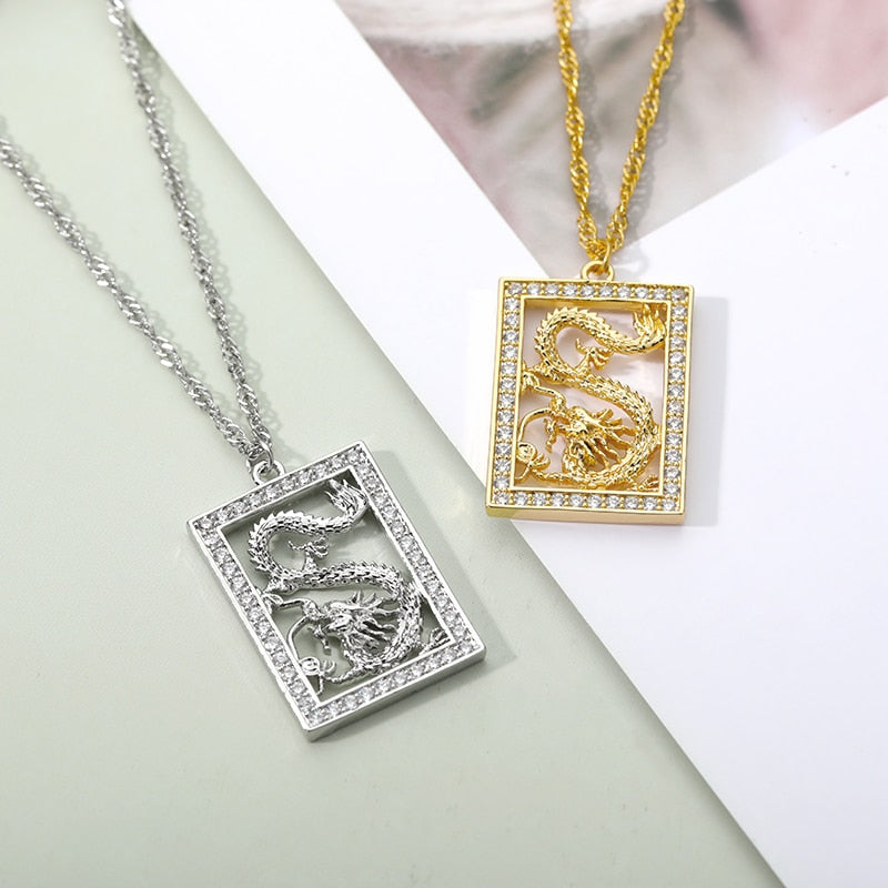 Vintage Dragon Pendant Necklaces for Women Men Stainless Steel Gold Choker Cubic Zirconia Necklace Mascot Ornaments Jewelry Gift