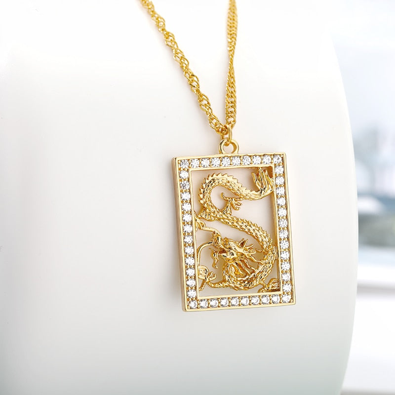 Vintage Dragon Pendant Necklaces for Women Men Stainless Steel Gold Choker Cubic Zirconia Necklace Mascot Ornaments Jewelry Gift