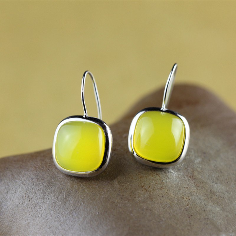 Vintage Drop Earrings Yellow Agate 925 Sterling Silver Trendy Earring Fine Jewelry S925 3.4g Women Fashion ChALkeR 2020 New