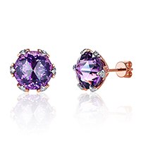 Vintage Earrings Studs Natural Round Amethyst 8.65ct with H SI Diamonds 14k Rose and White Gold