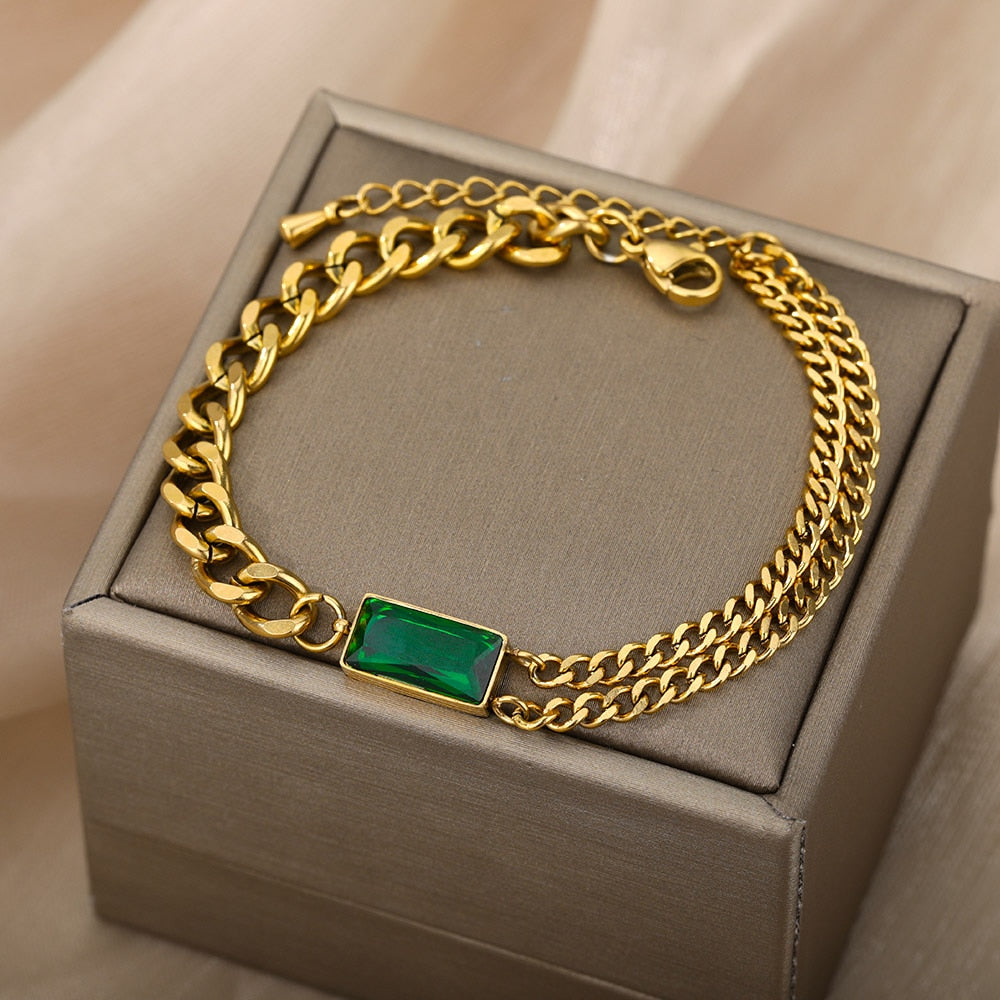 Vintage Emerald Bracelet For Women Stainless Steel Charm Cuban Chain CZ Bracelets BFF Wedding Couple Jewerly Gift pulseras mujer