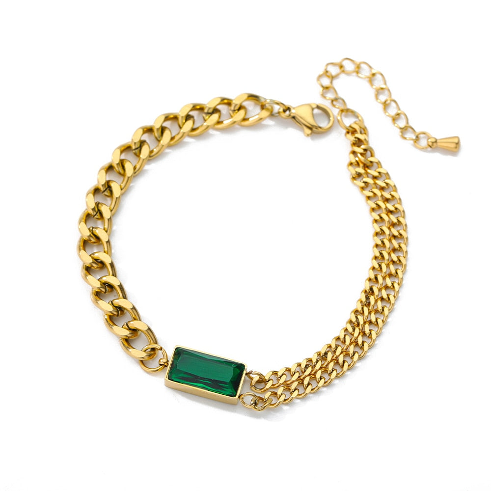Vintage Emerald Bracelet For Women Stainless Steel Charm Cuban Chain CZ Bracelets BFF Wedding Couple Jewerly Gift pulseras mujer