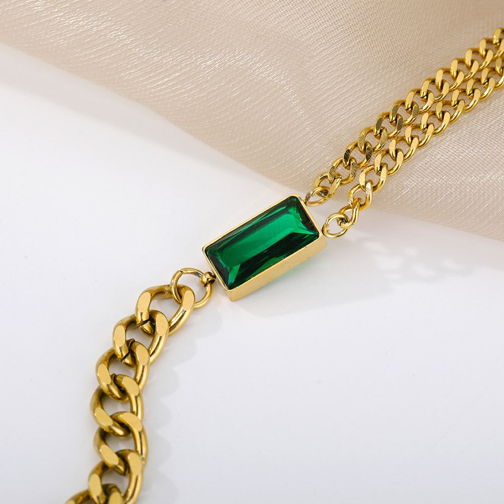 Vintage Emerald Bracelet For Women Stainless Steel Charm Cuban Chain CZ Bracelets BFF Wedding Couple Jewerly Gift pulseras mujer