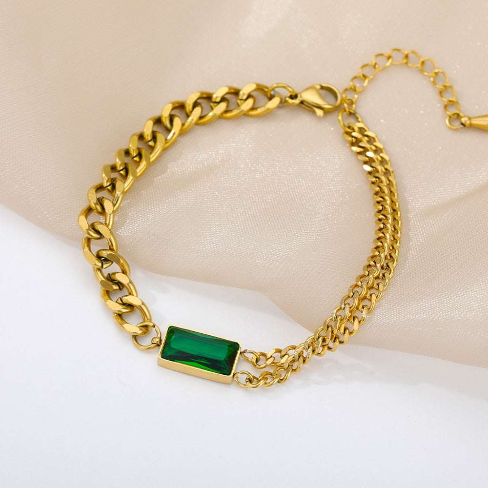 Vintage Emerald Bracelet For Women Stainless Steel Charm Cuban Chain CZ Bracelets BFF Wedding Couple Jewerly Gift pulseras mujer