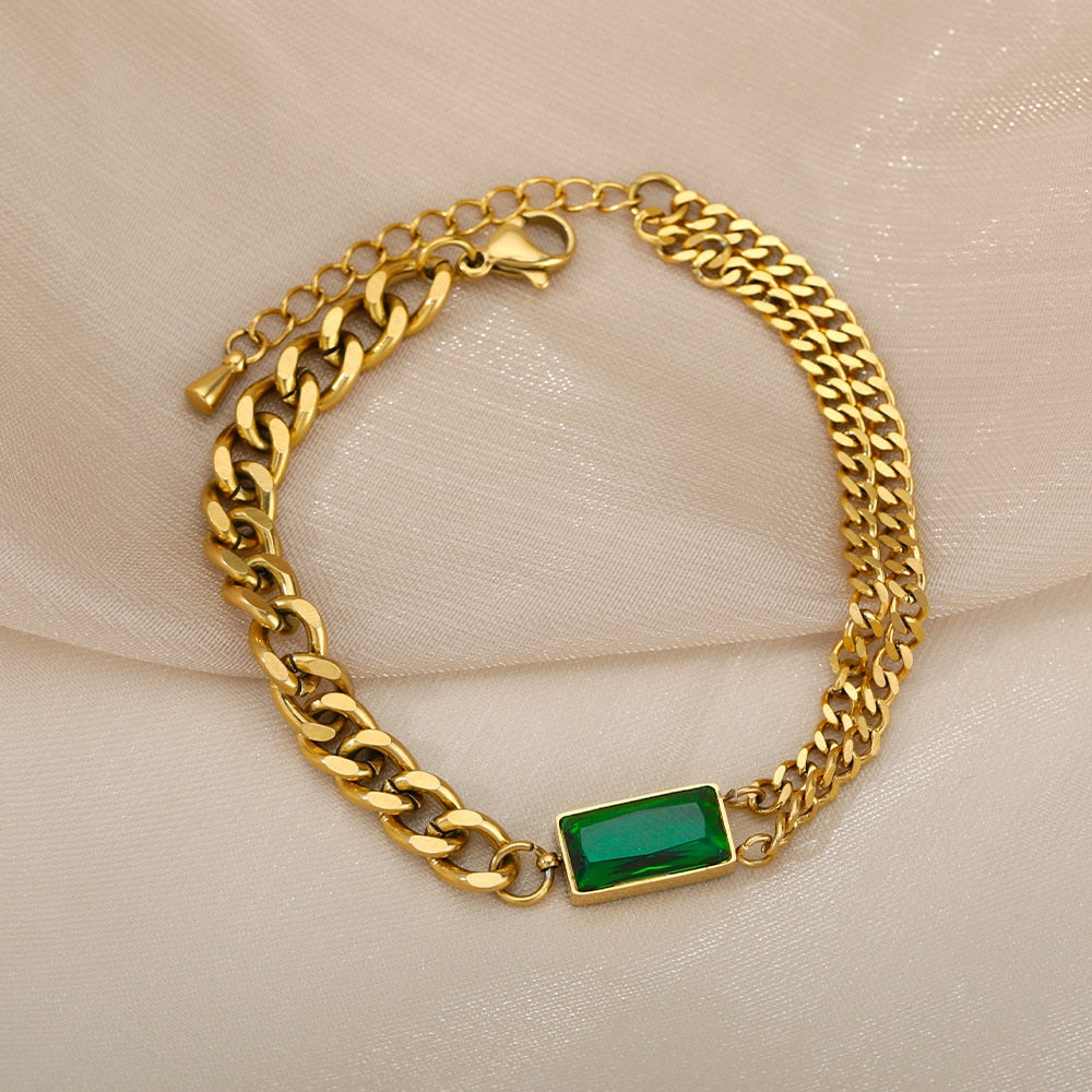 Vintage Emerald Bracelet For Women Stainless Steel Charm Cuban Chain CZ Bracelets BFF Wedding Couple Jewerly Gift pulseras mujer
