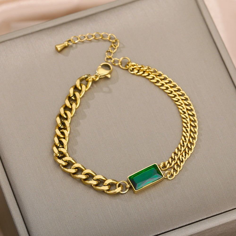 Vintage Emerald Bracelet For Women Stainless Steel Charm Cuban Chain CZ Bracelets BFF Wedding Couple Jewerly Gift pulseras mujer