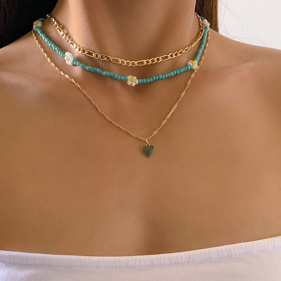 Vintage Emerald Heart Pendant Necklace Set For Girls Simple Daisy Bead Metal Chains On The Neck Choker Women Jewelry 2021 Trend