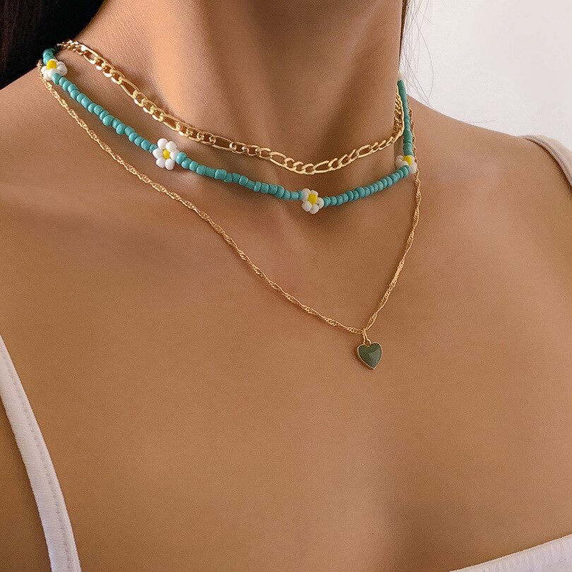 Vintage Emerald Heart Pendant Necklace Set For Girls Simple Daisy Bead Metal Chains On The Neck Choker Women Jewelry 2021 Trend