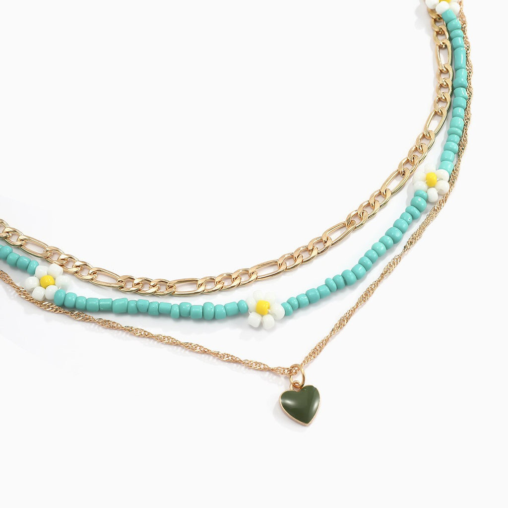Vintage Emerald Heart Pendant Necklace Set For Girls Simple Daisy Bead Metal Chains On The Neck Choker Women Jewelry 2021 Trend