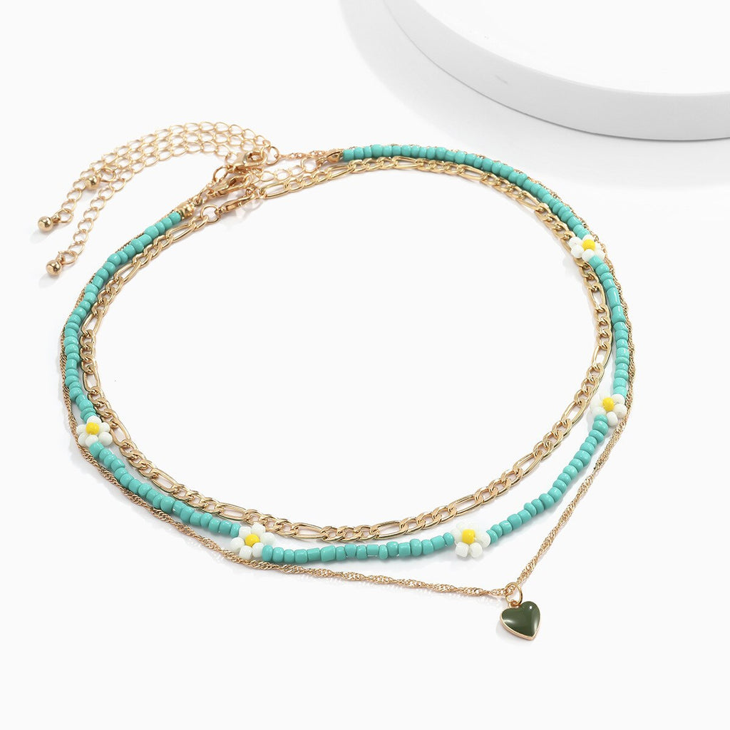 Vintage Emerald Heart Pendant Necklace Set For Girls Simple Daisy Bead Metal Chains On The Neck Choker Women Jewelry 2021 Trend