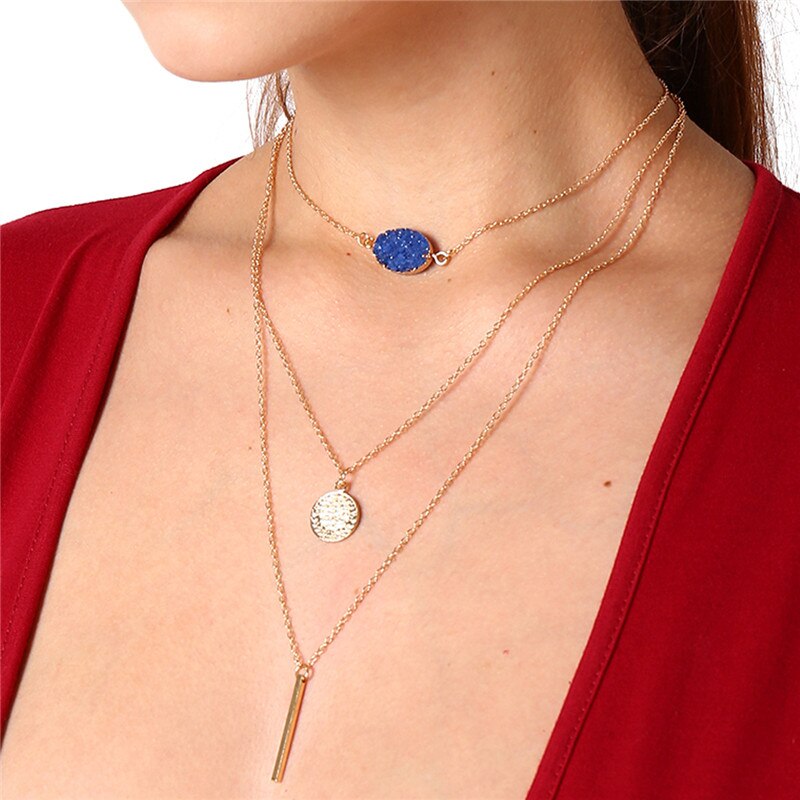 Vintage Ethnic Red/Blue/Black Natural Stone Multilayer Choker Necklaces Trendy Exaggerate Gold Color Necklace Women