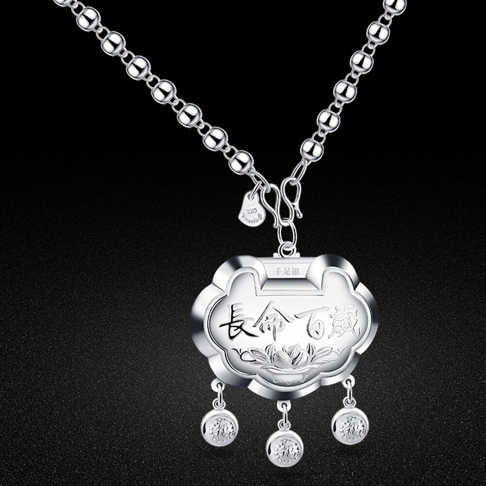 Vintage Ethnic Style Jewelry Women's 925 Sterling Silver 5-8MM Beads Chain Necklace Pattern Lock Pendant Sweater Chain 46-89CM