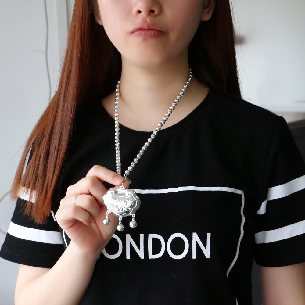 Vintage Ethnic Style Jewelry Women's 925 Sterling Silver 5-8MM Beads Chain Necklace Pattern Lock Pendant Sweater Chain 46-89CM