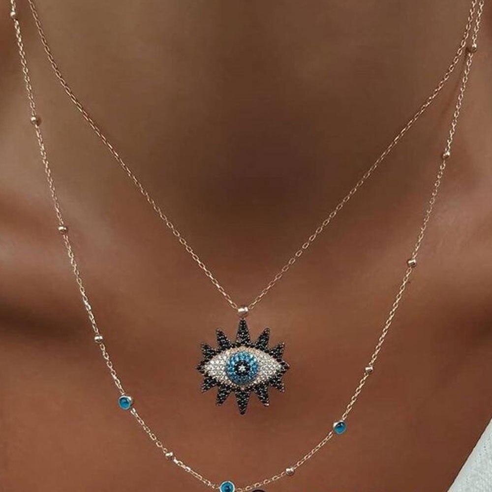 Vintage Crystal Evil Eye Necklace Pendant Clavicle Chain Statement Long Necklace Women Accessories Ins Double Chains