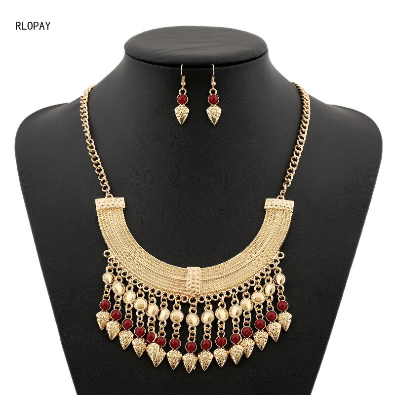 Vintage Exaggerated  Tassel Coin Jewel Necklace Hand Carved Ethnic Gypsy Bangladeshi Necklace Earring Set
