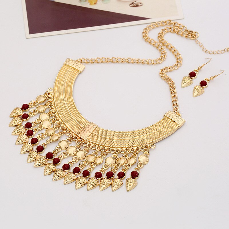 Vintage Exaggerated  Tassel Coin Jewel Necklace Hand Carved Ethnic Gypsy Bangladeshi Necklace Earring Set