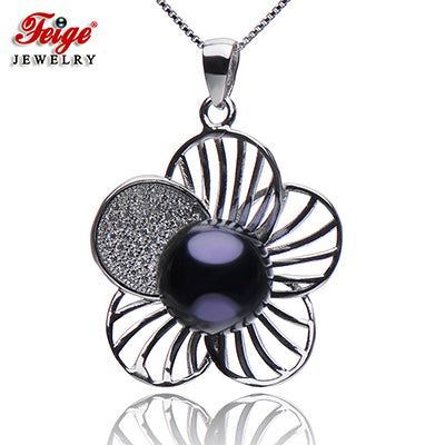 Vintage Flower 10-11MM Black Pearl Pendant Necklaces 18inch 925 Sterling Silver Chain Fine Jewelry for Women FEIGE