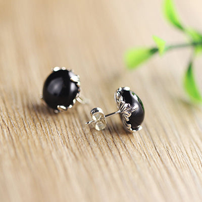Vintage Flower Natural Red Jade Agate Black Earrings For Women 100% 925 Sterling Silver Stud Earrings Engagement Jewelry SE67