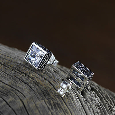 Vintage Flower Square Gamstone Black Agate Zircon Stud Earrings For Women Simple 100% 925 Sterling Silver Men Jewelry SE130