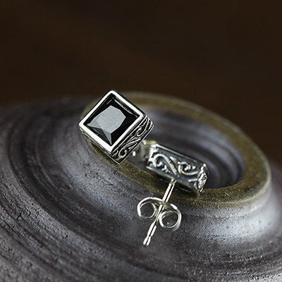 Vintage Flower Square Gamstone Black Agate Zircon Stud Earrings For Women Simple 100% 925 Sterling Silver Men Jewelry SE130
