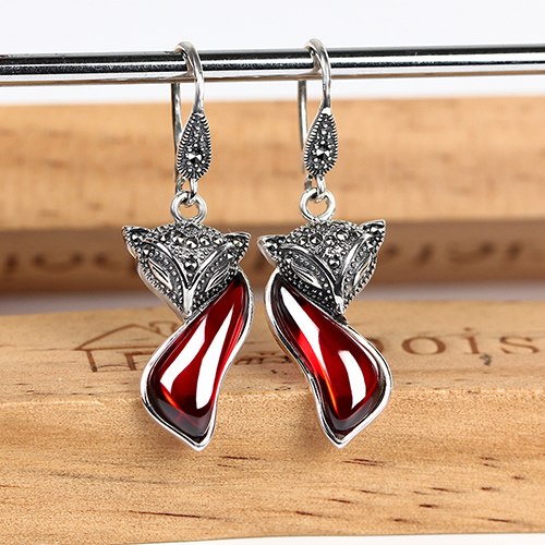 Vintage Fox Real Silver Earrings Red Garnet Long Tibetan 925 Sterling Silver Earrings Engagement Wedding S925 Earrings for Women