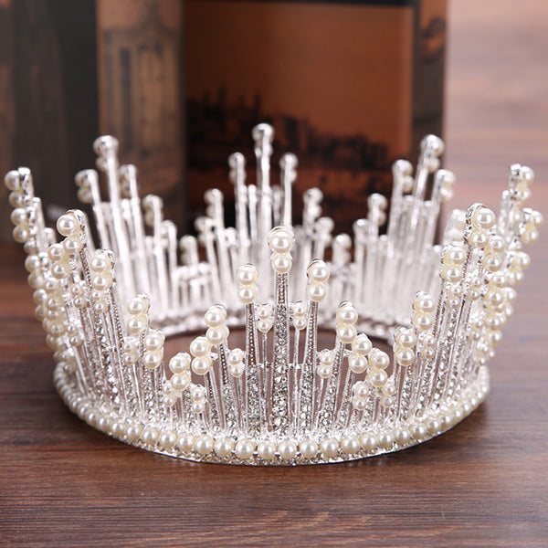 Vintage Gold Pearl Tiara Round Big Crown Crystal Rhinestones Bride Hair Jewelry Queen Crowns For Wedding Accessories Hairwear