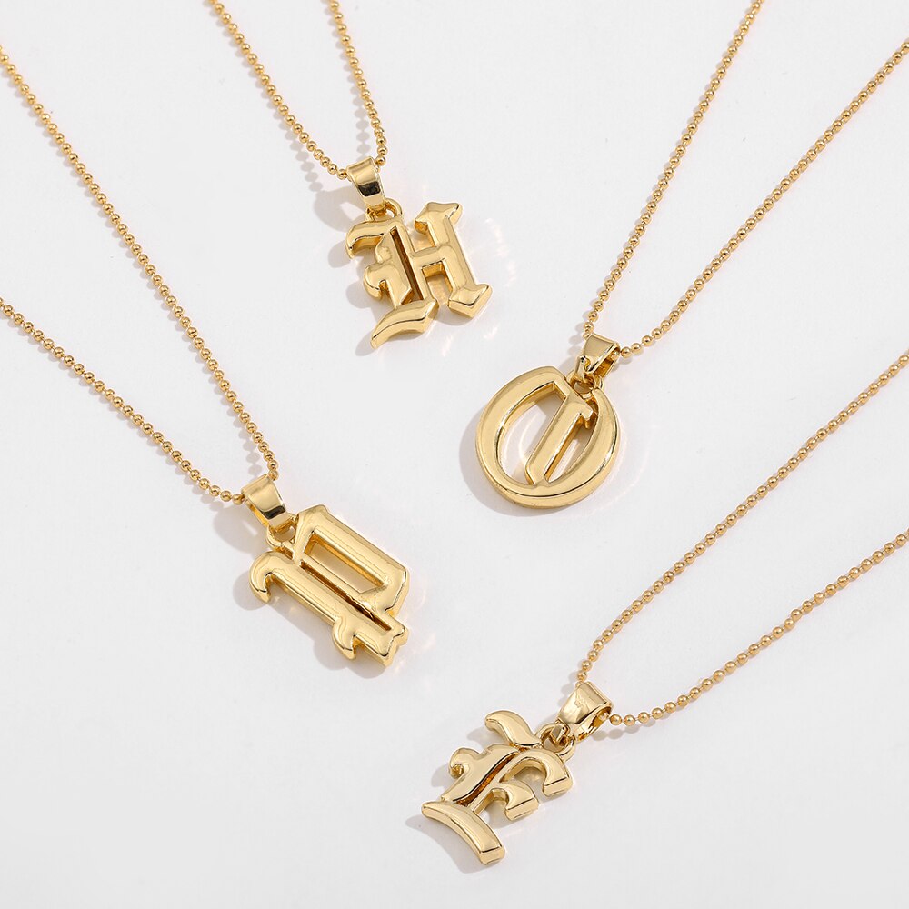 Vintage Gothic A-Z Initial Alphabet Old English Pendant Necklace Gold Color Bead Chain Necklace Female Statement Jewelry