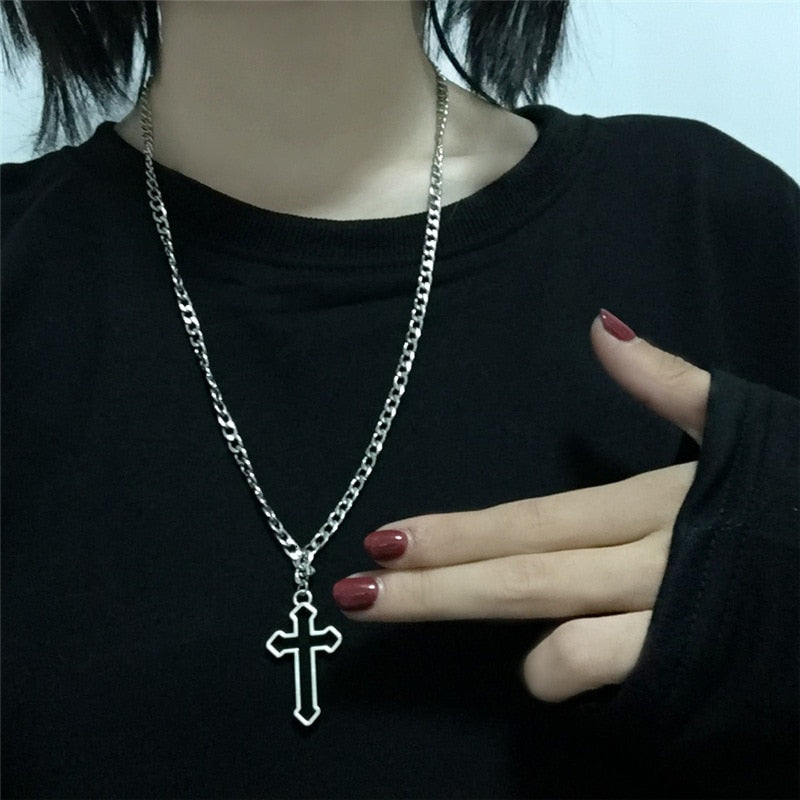 Vintage Gothic Hollow Cross Pendant Necklace Silver Color Cool Street Style Necklace For Men Women Gift  Neck Jewelry