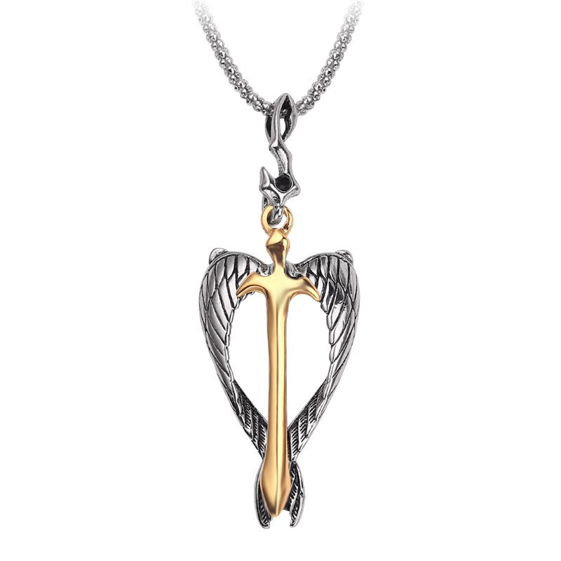 Vintage Gothic Religious Holy Sword Gold Cross Pendant Necklace Angel Wings Golden Soul Cross Necklace Men's Amulet Jewelry