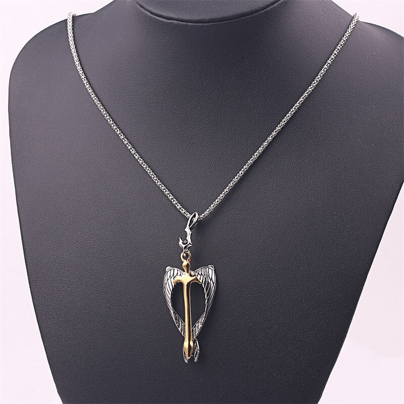 Vintage Gothic Religious Holy Sword Gold Cross Pendant Necklace Angel Wings Golden Soul Cross Necklace Men's Amulet Jewelry