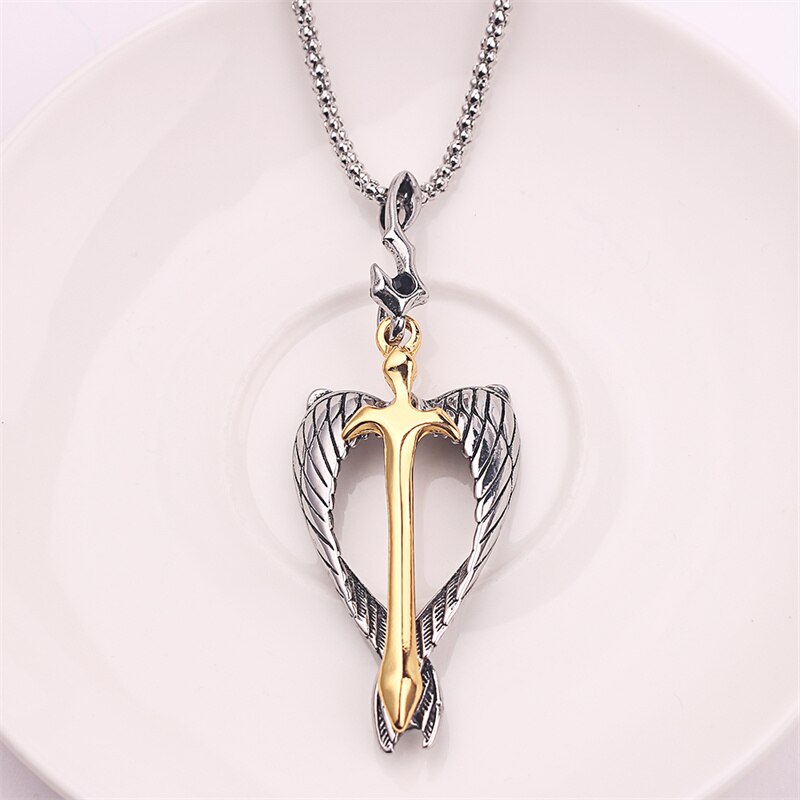 Vintage Gothic Religious Holy Sword Gold Cross Pendant Necklace Angel Wings Golden Soul Cross Necklace Men's Amulet Jewelry