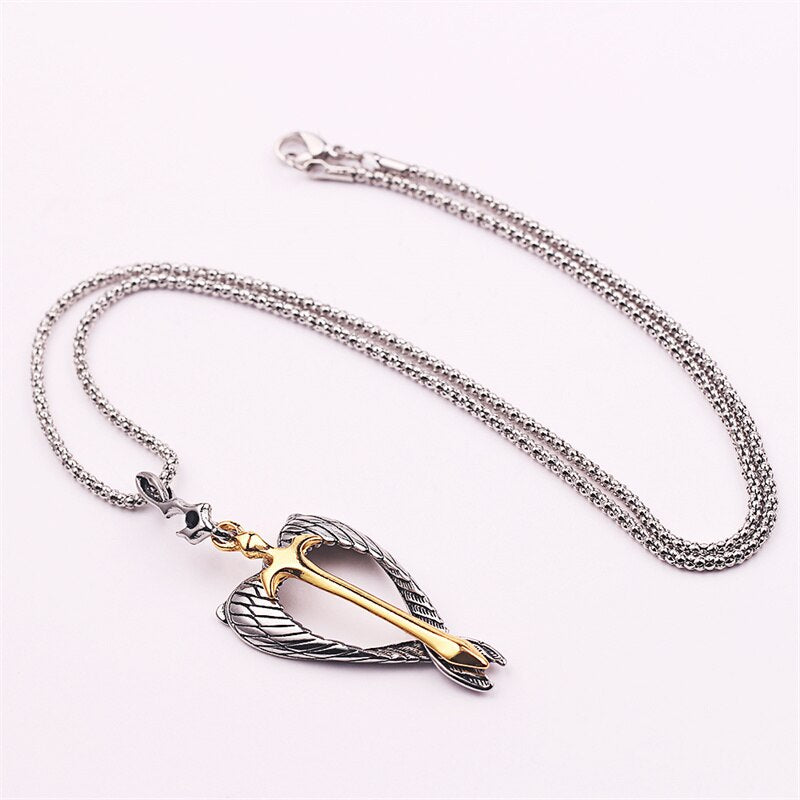 Vintage Gothic Religious Holy Sword Gold Cross Pendant Necklace Angel Wings Golden Soul Cross Necklace Men's Amulet Jewelry