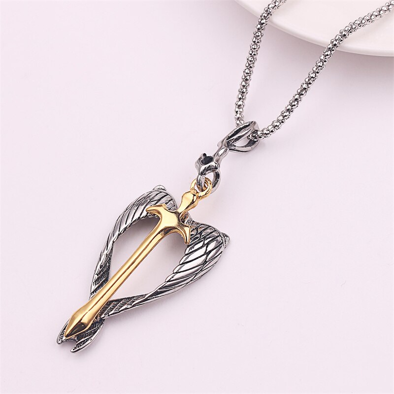Vintage Gothic Religious Holy Sword Gold Cross Pendant Necklace Angel Wings Golden Soul Cross Necklace Men's Amulet Jewelry