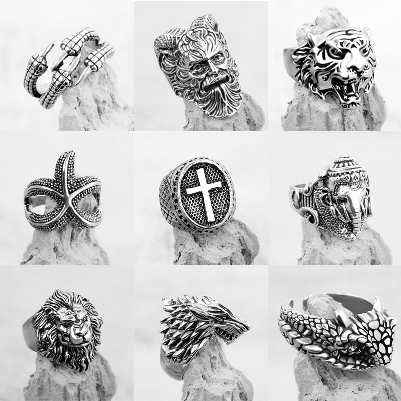 Vintage Gothic Wolf Head Ring Men Bull Head Skull Spider Eagle Lion Dragon Cross Snake Men Ring Punk Jewelry Evil Eye Ball Gift