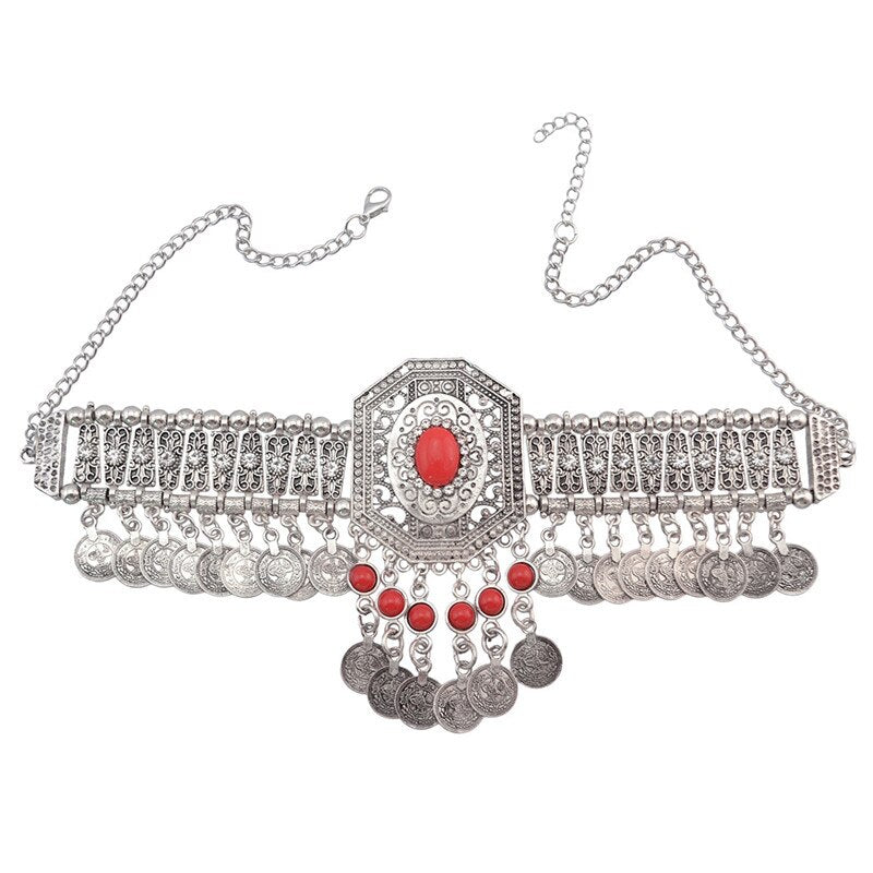 Vintage Green Stone Tassel Pendant Necklace Women Statement Necklace Exaggeration Coin Necklaces Jewelry Red Choker Women Choker