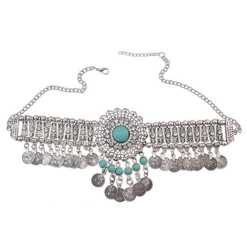 Vintage Green Stone Tassel Pendant Necklace Women Statement Necklace Exaggeration Coin Necklaces Jewelry Red Choker Women Choker