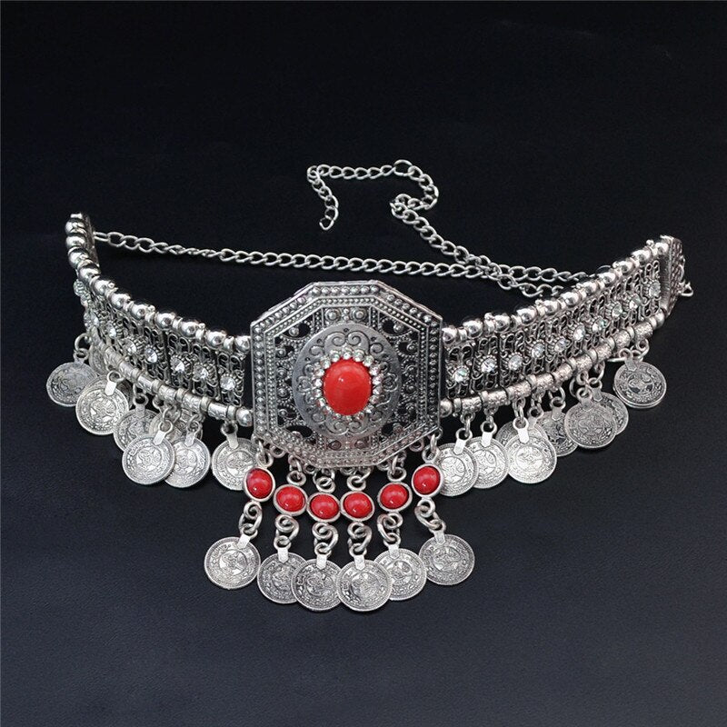 Vintage Green Stone Tassel Pendant Necklace Women Statement Necklace Exaggeration Coin Necklaces Jewelry Red Choker Women Choker