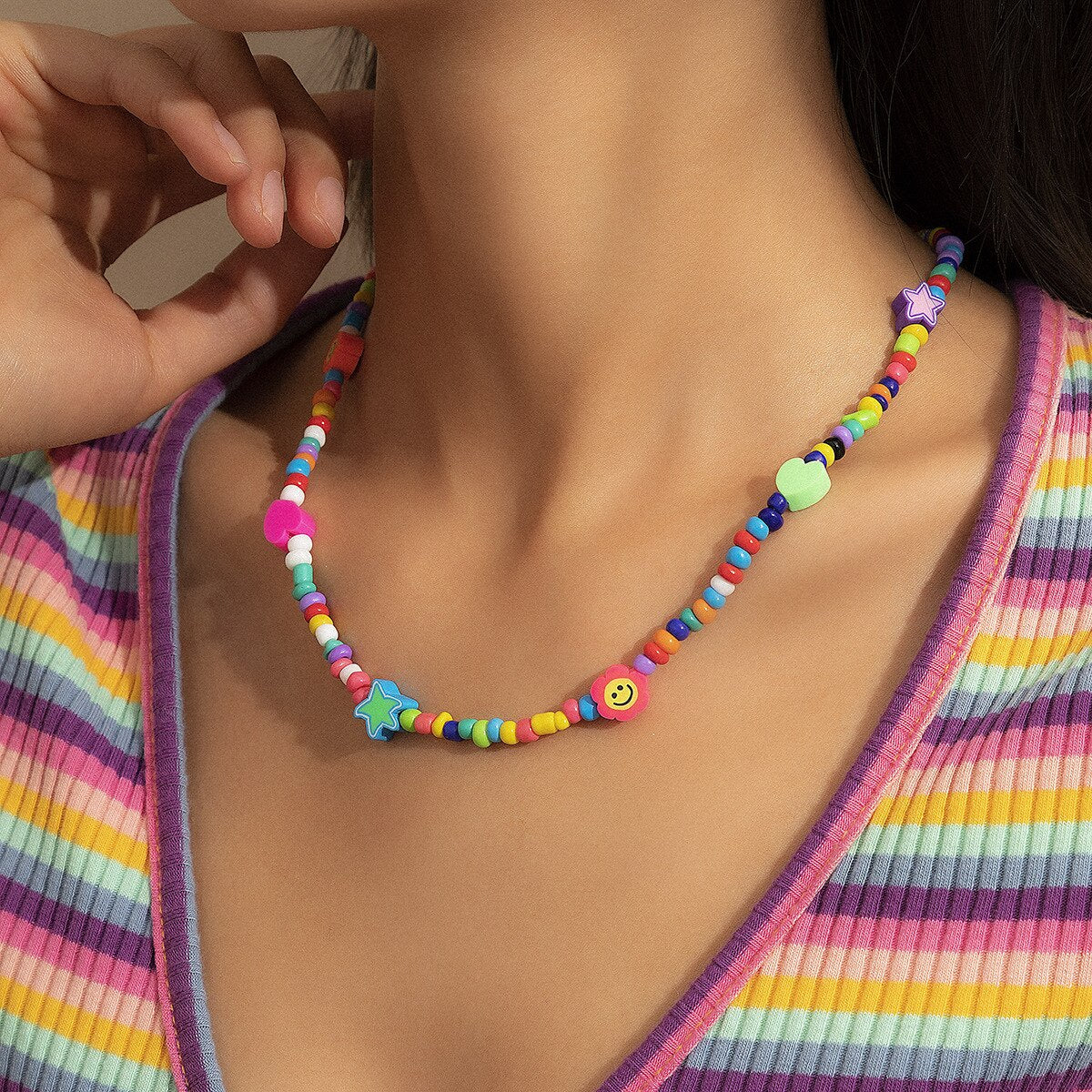 Vintage Handmade Beaded Colorful Necklaces for Women Ethnic Personality Simple Clavicle Chain Necklace Female Necklace