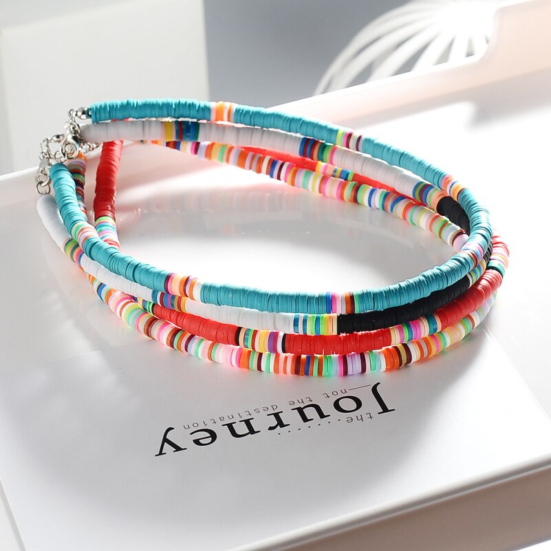 Vintage Handmade Bohemia Ethnic Style Blue White Black Red Necklace For Women Clay Multicolor Circles Choker