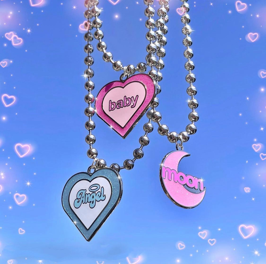 Vintage Harajuku Colorful Metal Heart Moon Shape Pendant Necklaces for Women Girls Letter Angel Baby Necklace Jewelry