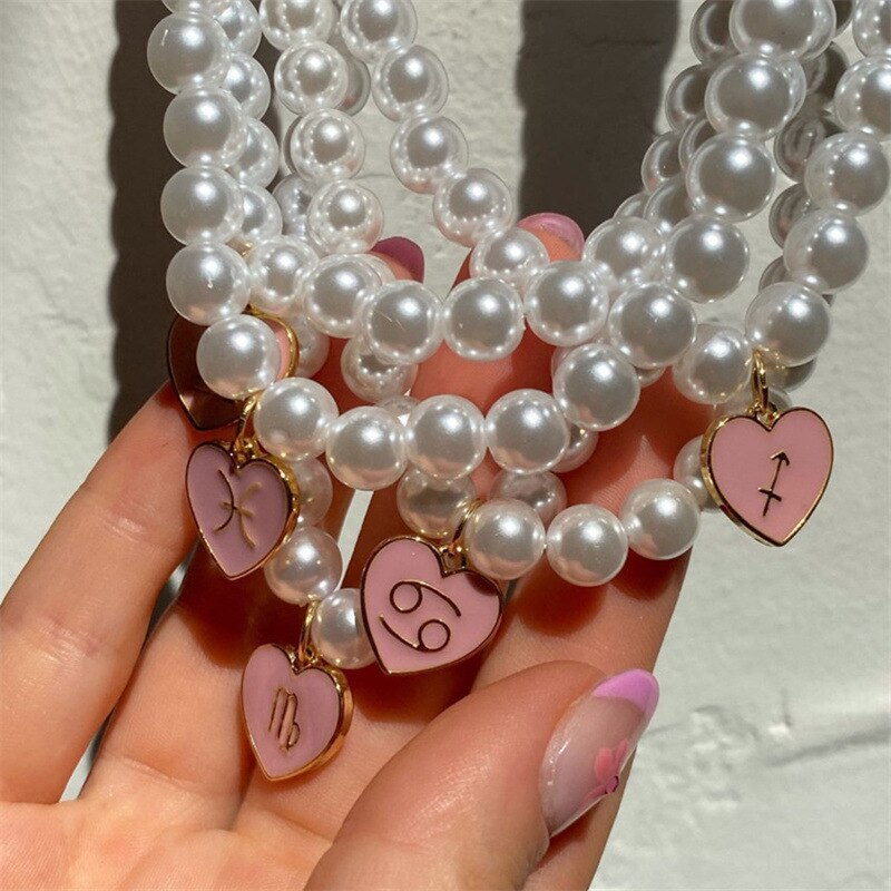 Vintage Heart Zodiac Necklaces For Women Stainless Steel 12 Constellation Pendant Imitation Pearl Chain Necklace Jewelry Gift