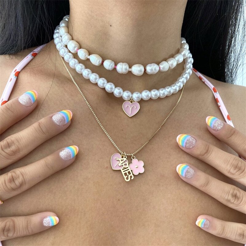 Vintage Heart Zodiac Necklaces For Women Stainless Steel 12 Constellation Pendant Imitation Pearl Chain Necklace Jewelry Gift