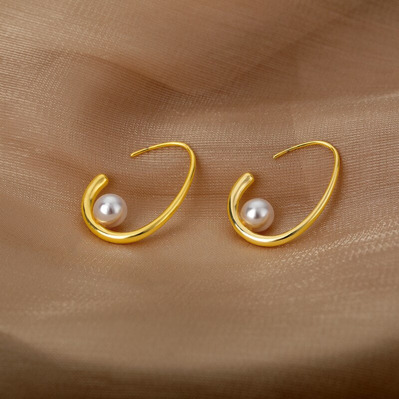 Vintage Imitation Pearl Earrings For Women Stainless Steel Geometric Elegant Stud Earring 2023 Trend Couple Party Jewelry Gift
